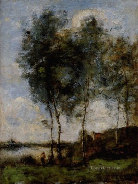  plein Oil Painting - Pecheur Au Bord De La Riviere plein air Romanticism Jean Baptiste Camille Corot